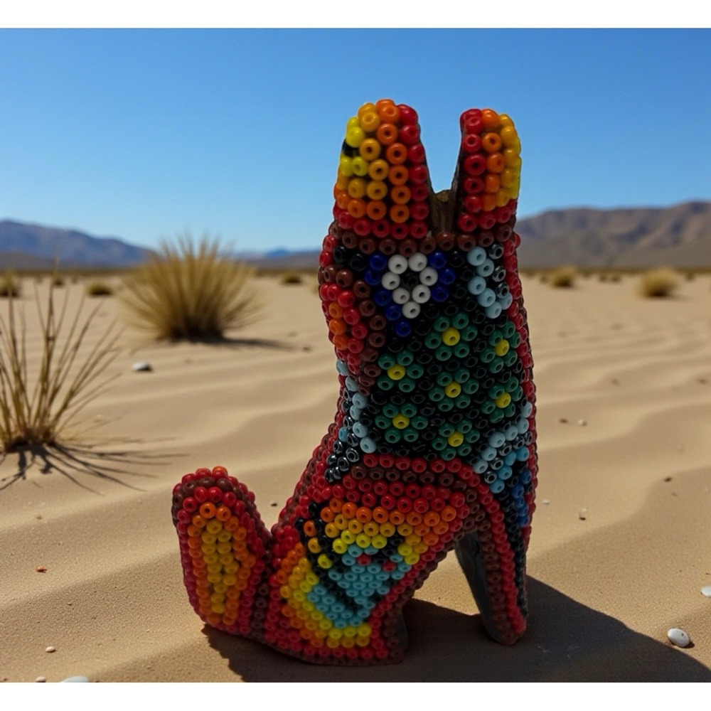 Huichol Wolf Coyote Howling Beaded Figurine Multicolor Handmade Mexican Folk Art